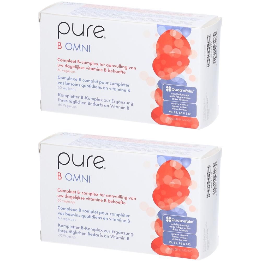 Deux boîtes Pure B Omni. Boîtes blanches avec graphiques rouges et bleus. Texte : Complexe B complet.