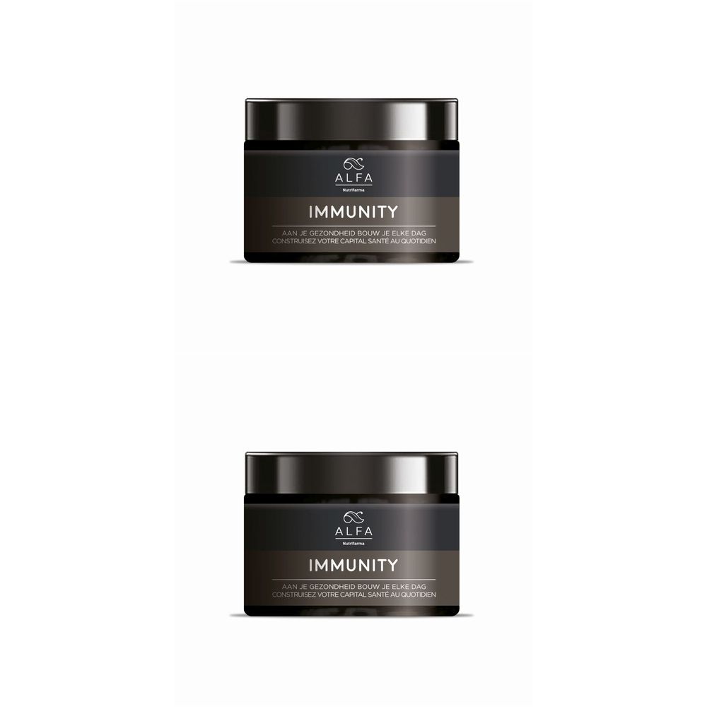 Deux pots noirs avec couvercles. Inscription : ALFA, IMMUNITY. Ligne de texte : Aan je gezondheid bouw je elke dag.