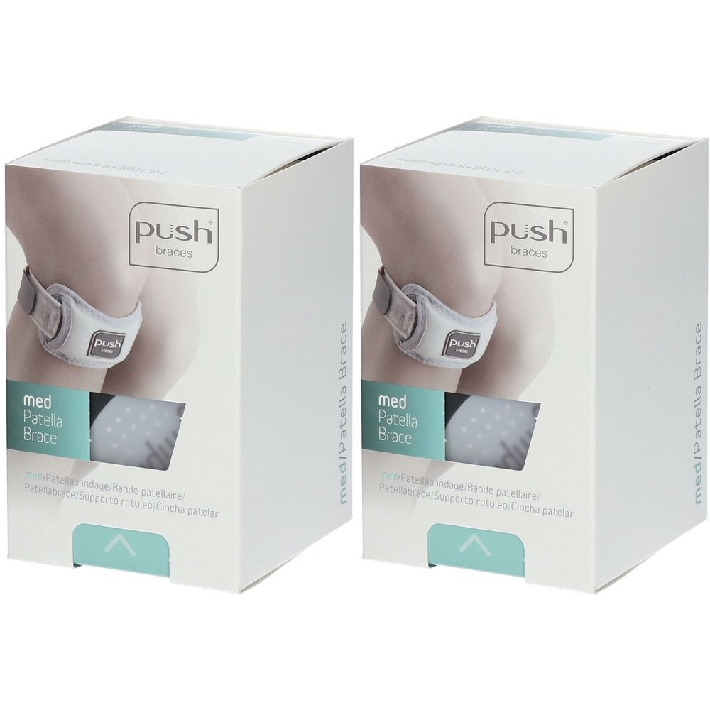 Deux boîtes blanches avec image d'attelle de genou. Inscription : Push med Patella Brace.