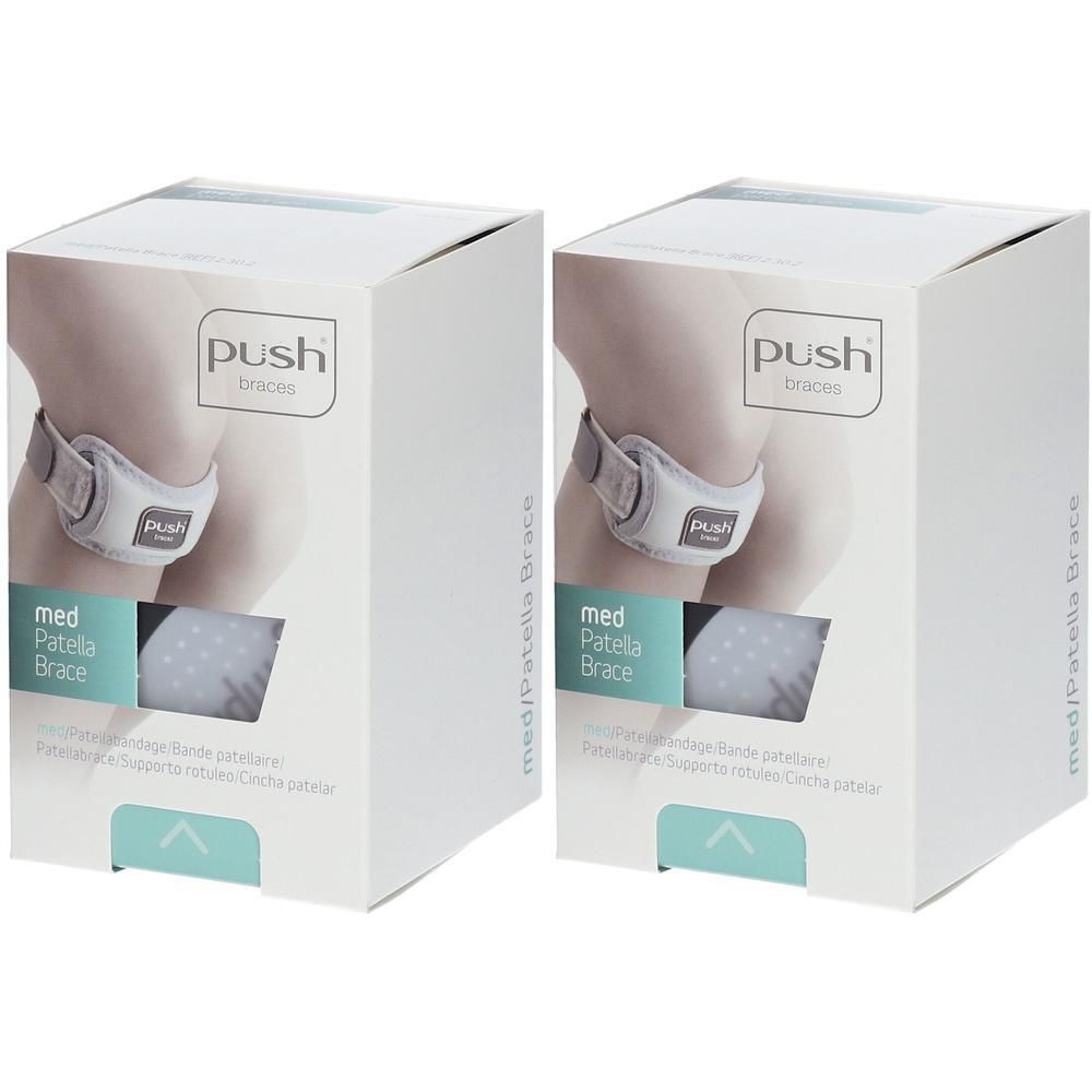 Deux boîtes blanches avec image d'attelle de genou. Inscription : Push med Patella Brace.