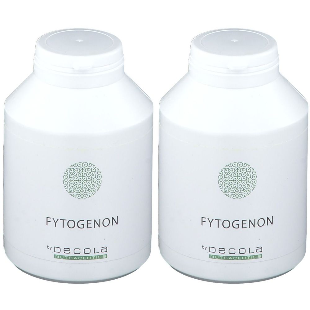 Deux flacons blancs avec bouchons à vis. Inscription: FYTOGENON. En dessous: DECOLA. Motif vert.