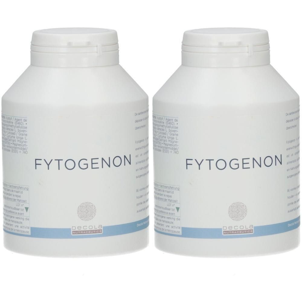 Deux flacons blancs avec bouchons à vis. Inscription: FYTOGENON. En dessous: DECOLA. Autres informations sur les étiquettes.
