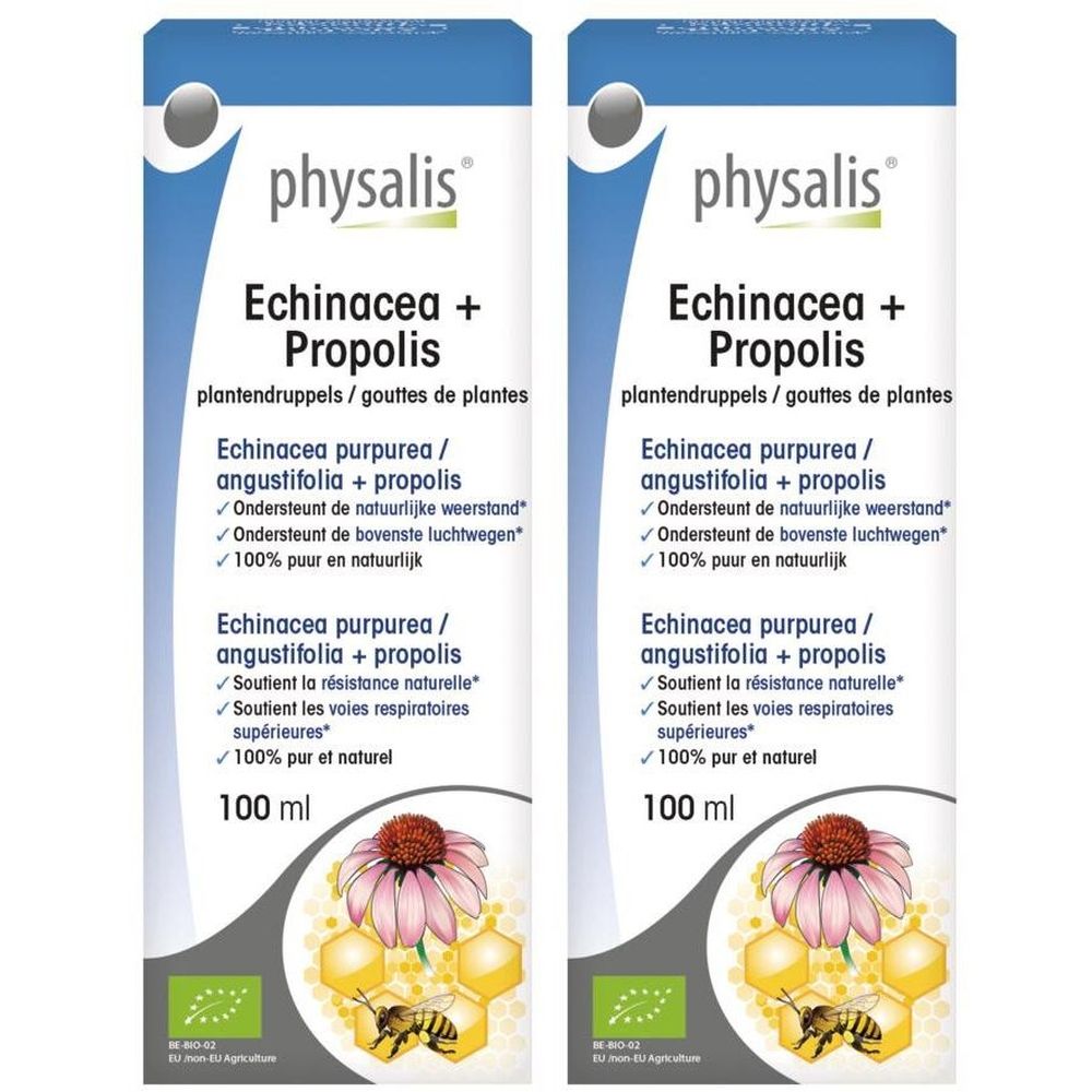 Deux boîtes de "Physalis" Echinacea + Propolis. Flacons blancs avec informations et illustrations.
