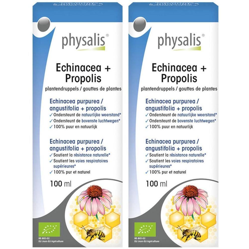 Deux boîtes de "Physalis" Echinacea + Propolis. Flacons blancs avec informations et illustrations.