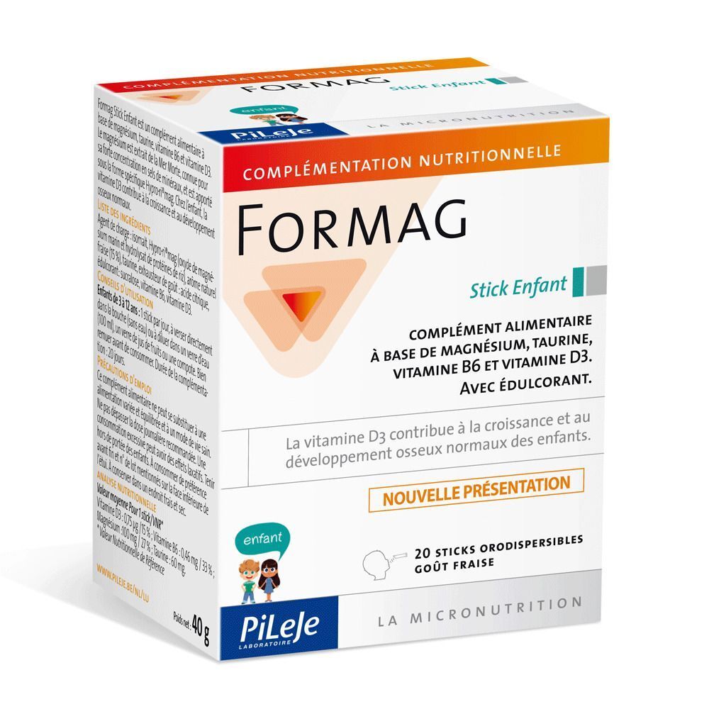 Boîte FORMAG Stick Enfant. Design blanc-orange avec texte. Contient 20 sticks. Marque PiLeje.