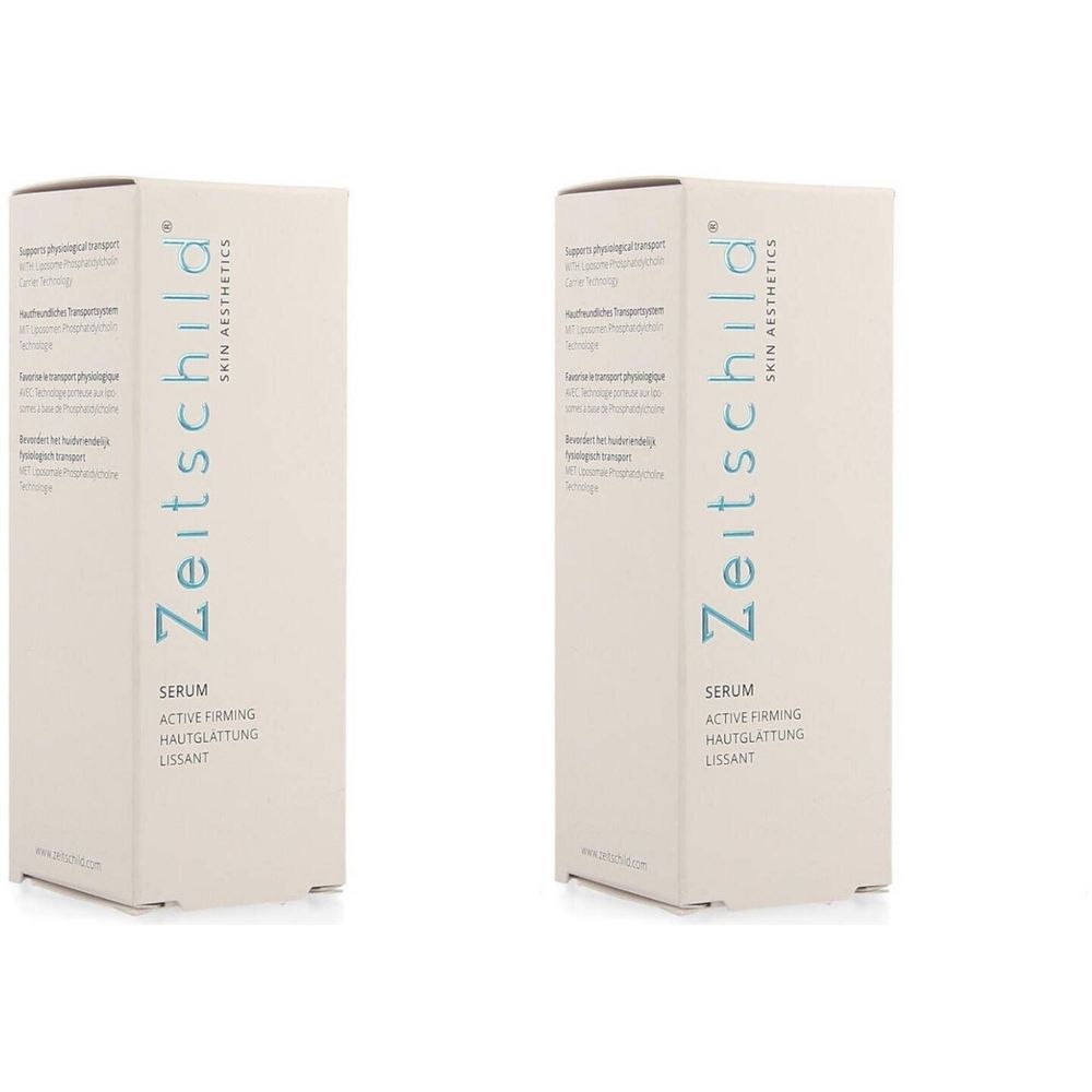 Deux boîtes blanches avec le nom du produit Zeitschild Skin Aesthetics. Texte turquoise. Inscription : Sérum Lissant.