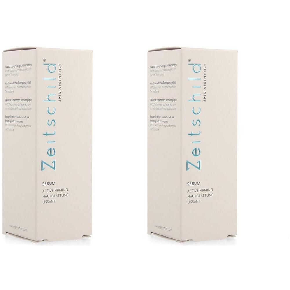 Deux boîtes blanches avec le nom du produit Zeitschild Skin Aesthetics. Texte turquoise. Inscription : Sérum Lissant.