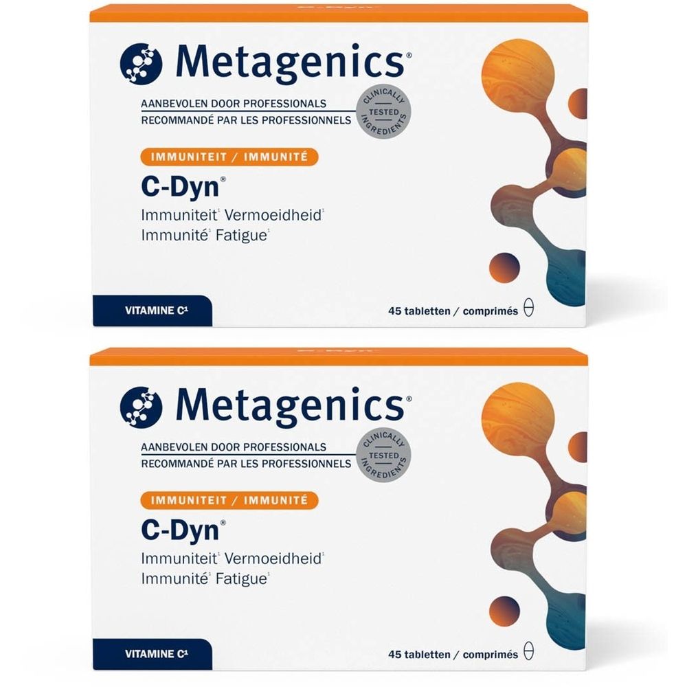 Deux boîtes de C-Dyn. Marque : Metagenics. Inscription : Immunité/Immunité, 45 comprimés. Testé cliniquement.
