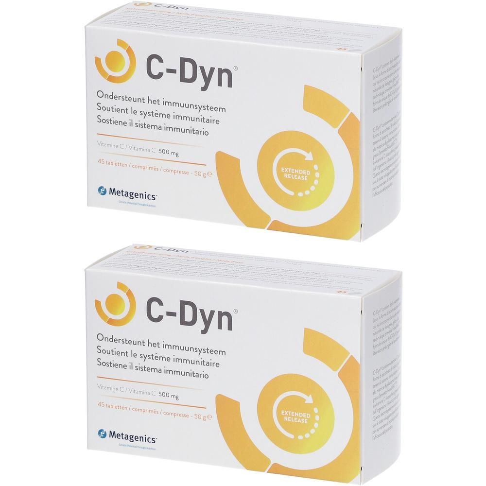 Deux boîtes de C-Dyn. Inscription : Soutient le système immunitaire. Contient de la vitamine C. Marque : Metagenics. Emballage jaune et blanc.
