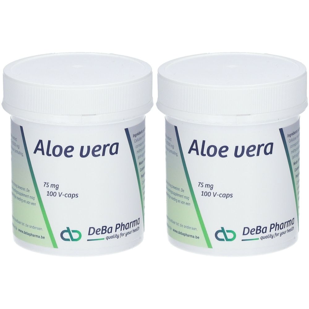 Deux pots blancs avec couvercles. Inscription 'Aloe vera', '75 mg', '100 V-caps' et logo.