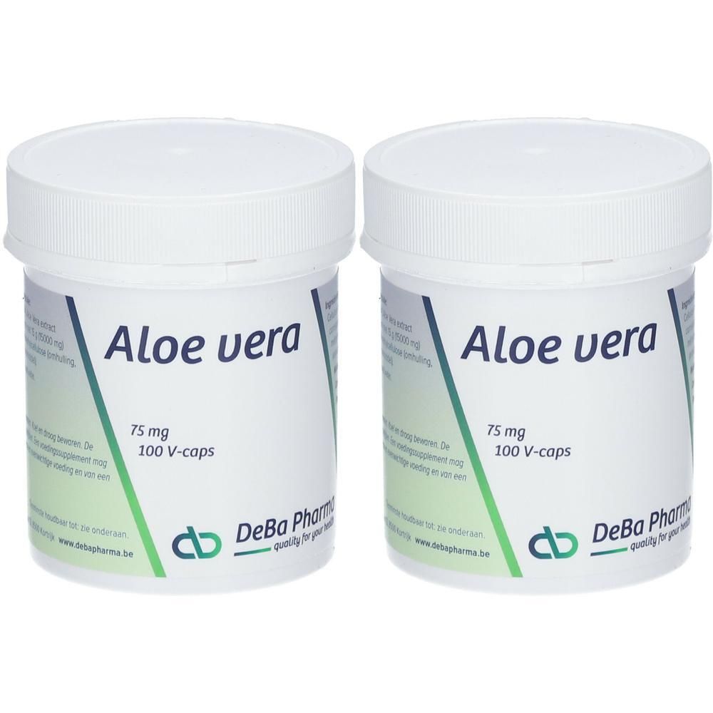 Deux pots blancs avec couvercles. Inscription 'Aloe vera', '75 mg', '100 V-caps' et logo.