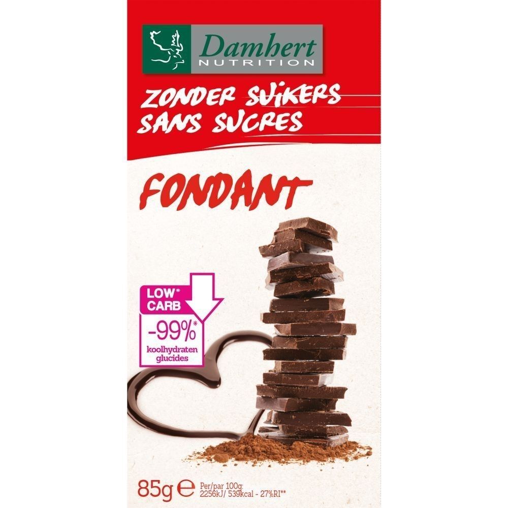 Morceaux de chocolat sur fond blanc. Fond rouge avec texte: ZONDER SUIKERS SANS SUCRES, FONDANT. Marque: Damhert Nutrition. Low Carb.