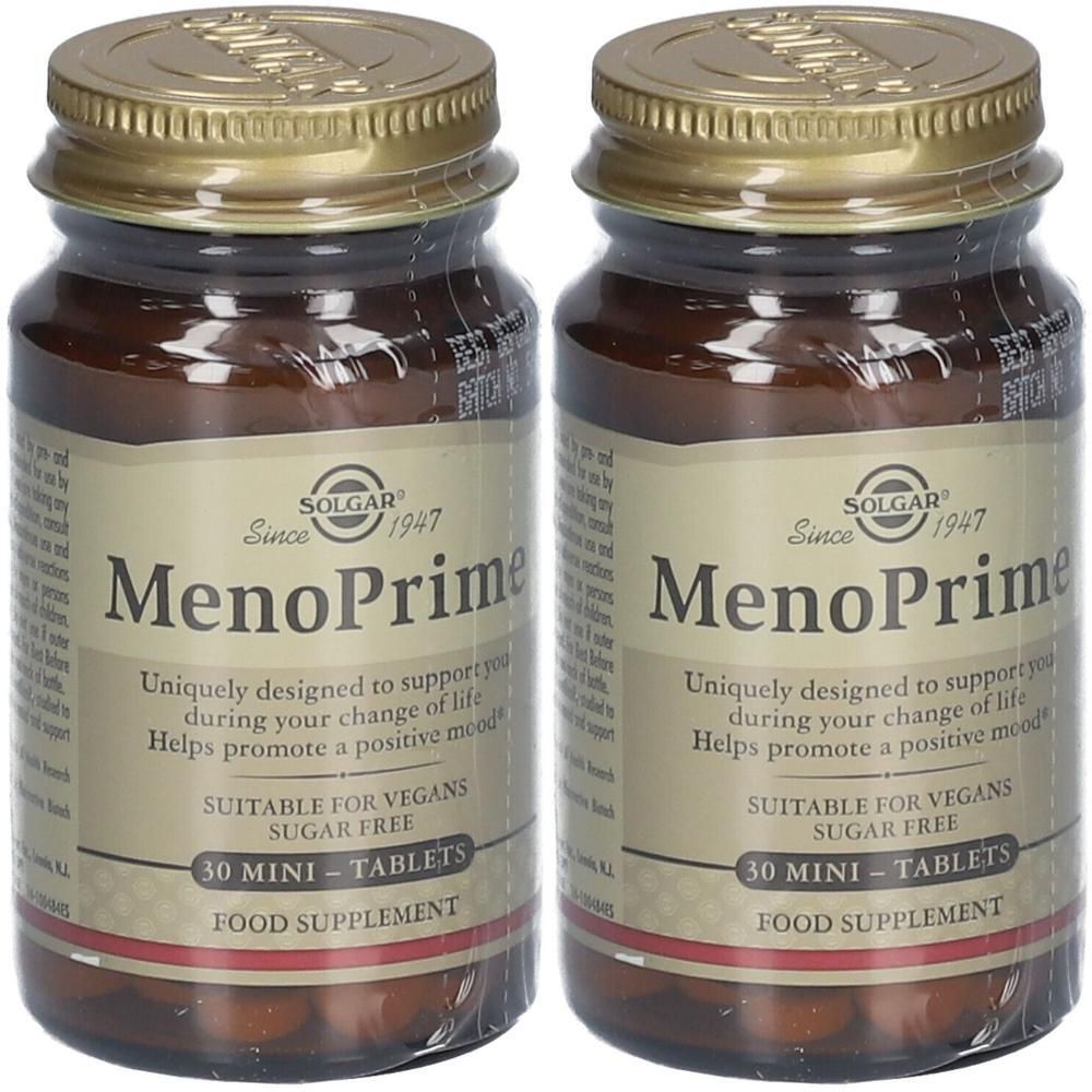 Deux flacons de Solgar MenoPrime. Flacons en verre brun avec couvercles et étiquettes dorés. Inscription : MenoPrime, 30 mini-comprimés.