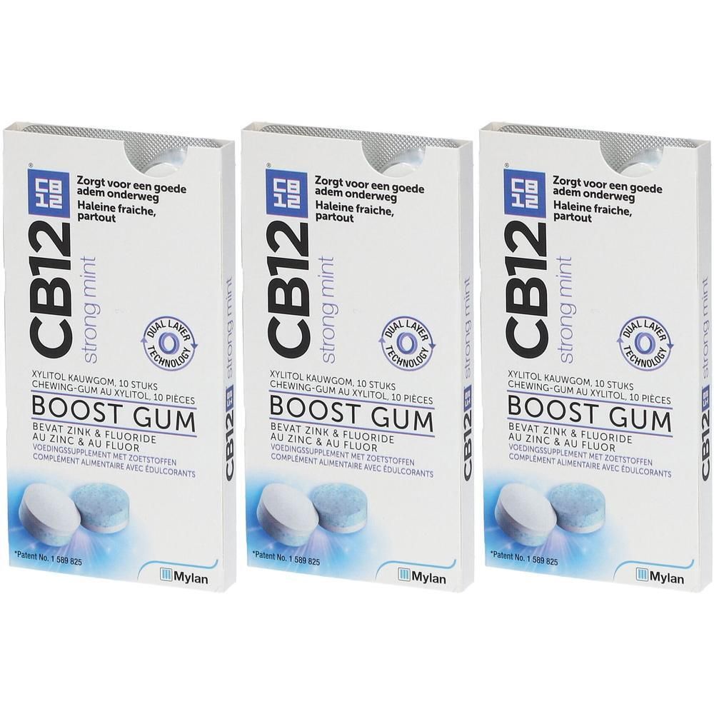 Trois boîtes de chewing-gum CB12 Boost Strong Mint. Chaque boîte contient 10 pièces. Le nom du produit et le logo sont visibles.