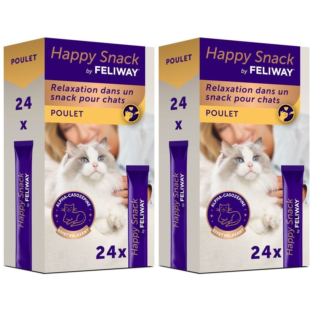 Deux boîtes Happy Snack by Feliway. Inscription: Poulet, 24x, Effet relaxant. Avec chat et femme.
