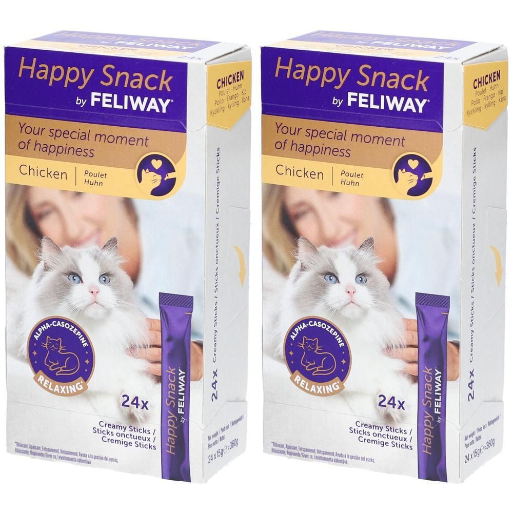 Deux boîtes Happy Snack by Feliway. Inscription: Chicken, 24x, Alpha-casozepine, Relaxing. Avec chat et femme.