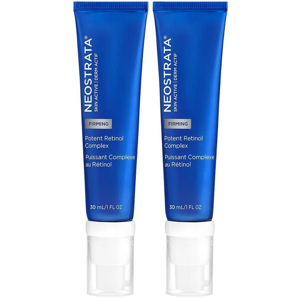 Deux tubes bleus Neostrata Potent Retinol Complex. Bouchon blanc, nom du produit et texte sur le devant.
