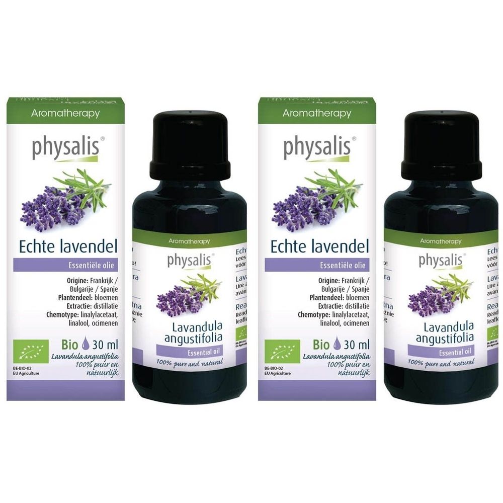 Deux flacons d'huile essentielle physalis® Lavande vraie, avec emballage. Flacons noirs avec étiquette. Certification Bio.