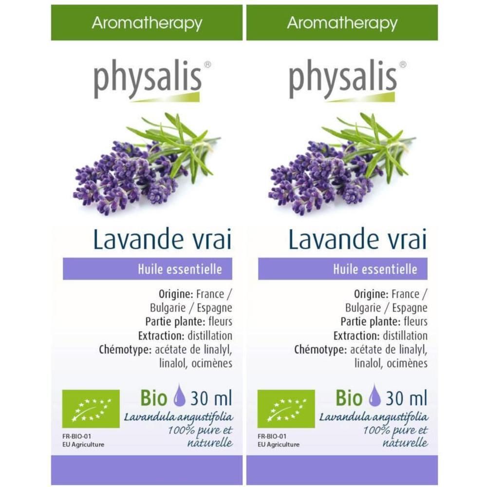 Deux flacons d'huile essentielle physalis® Lavande vraie. Étiquette avec illustration de lavande et texte. Certification Bio.