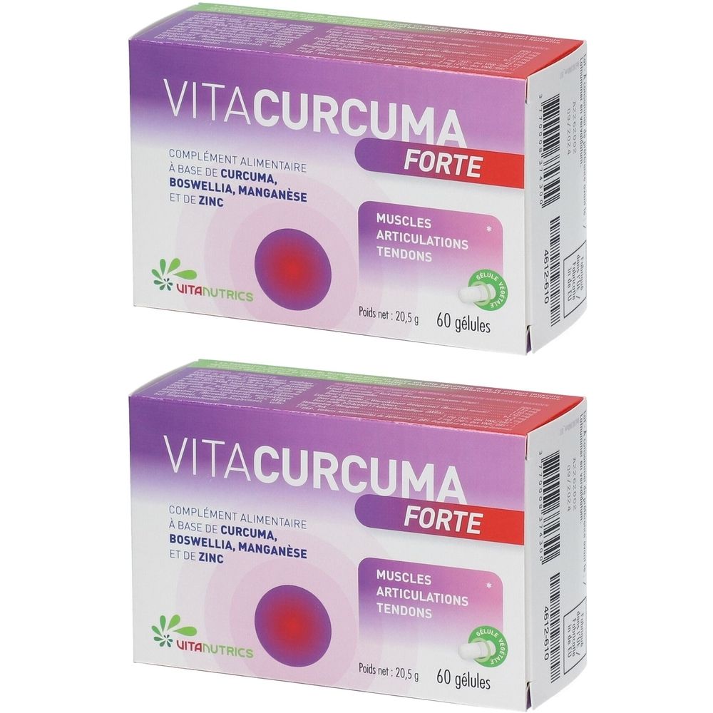 Deux boîtes de VITACURCUMA FORTE. Boîtes violettes et blanches avec informations et logo. 60 gélules.