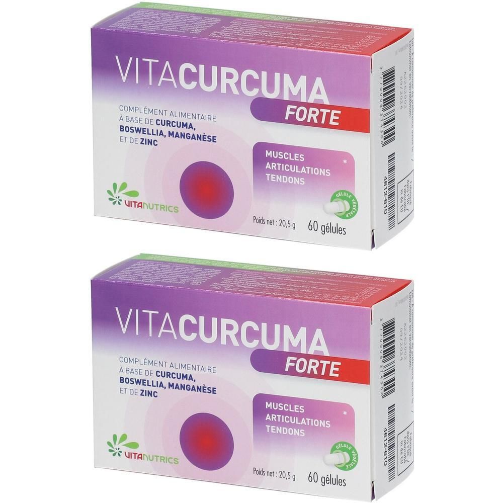 Deux boîtes de VITACURCUMA FORTE. Boîtes violettes et blanches avec informations et logo. 60 gélules.