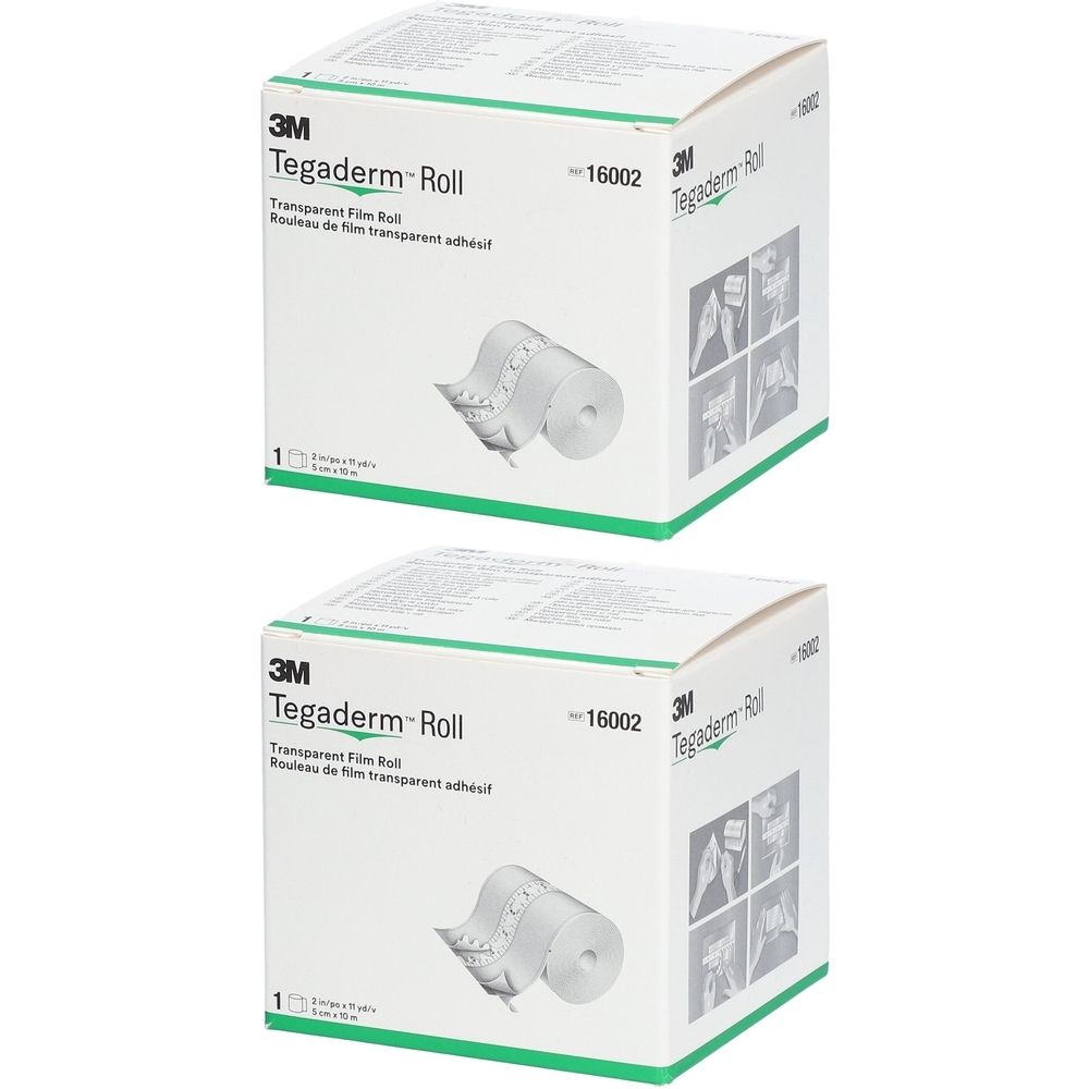 Deux boîtes de 3M Tegaderm Roll. Inscription: Transparent Film Roll. Illustration d'un pansement en rouleau. Emballage blanc.