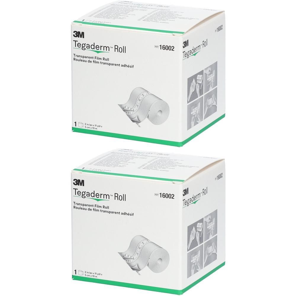Deux boîtes de 3M Tegaderm Roll. Inscription: Transparent Film Roll. Illustration d'un pansement en rouleau. Emballage blanc.