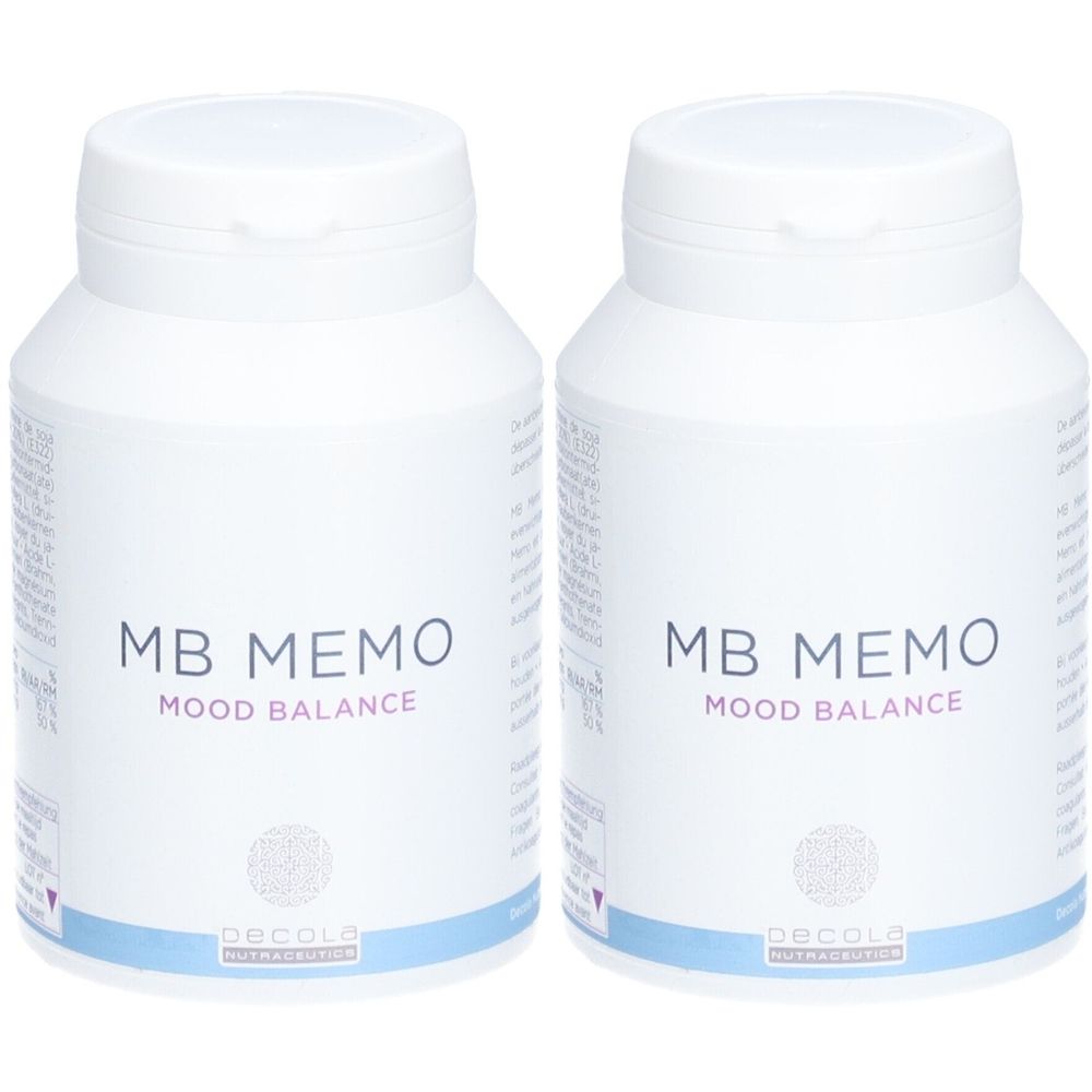 Deux flacons blancs avec couvercles. Inscription: MB MEMO MOOD BALANCE. Logo et texte: Decola Nutritrion.
