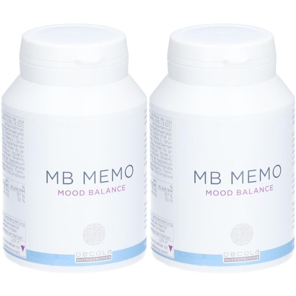 Deux flacons blancs avec couvercles. Inscription: MB MEMO MOOD BALANCE. Logo et texte: Decola Nutritrion.