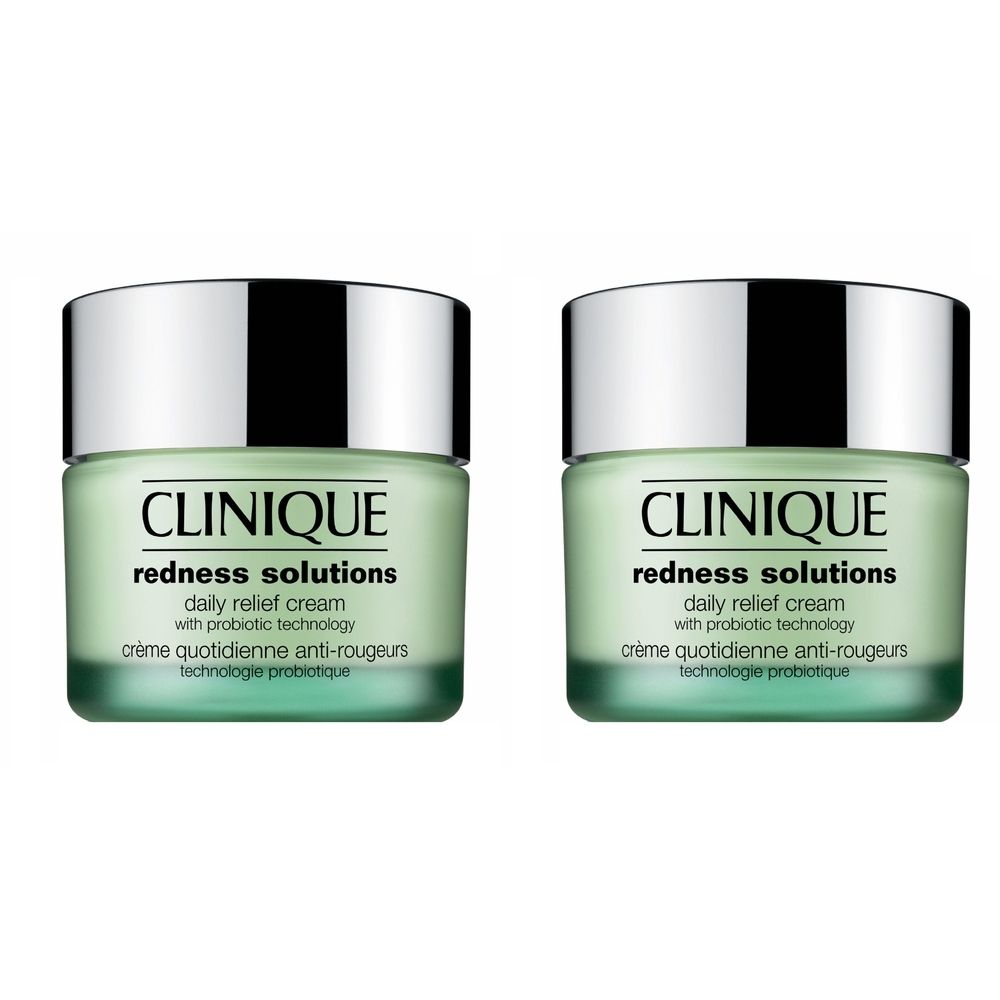 Deux pots verts avec couvercles argentés. Inscription: Clinique, Redness Solutions, Daily Relief Cream, technologie probiotique.