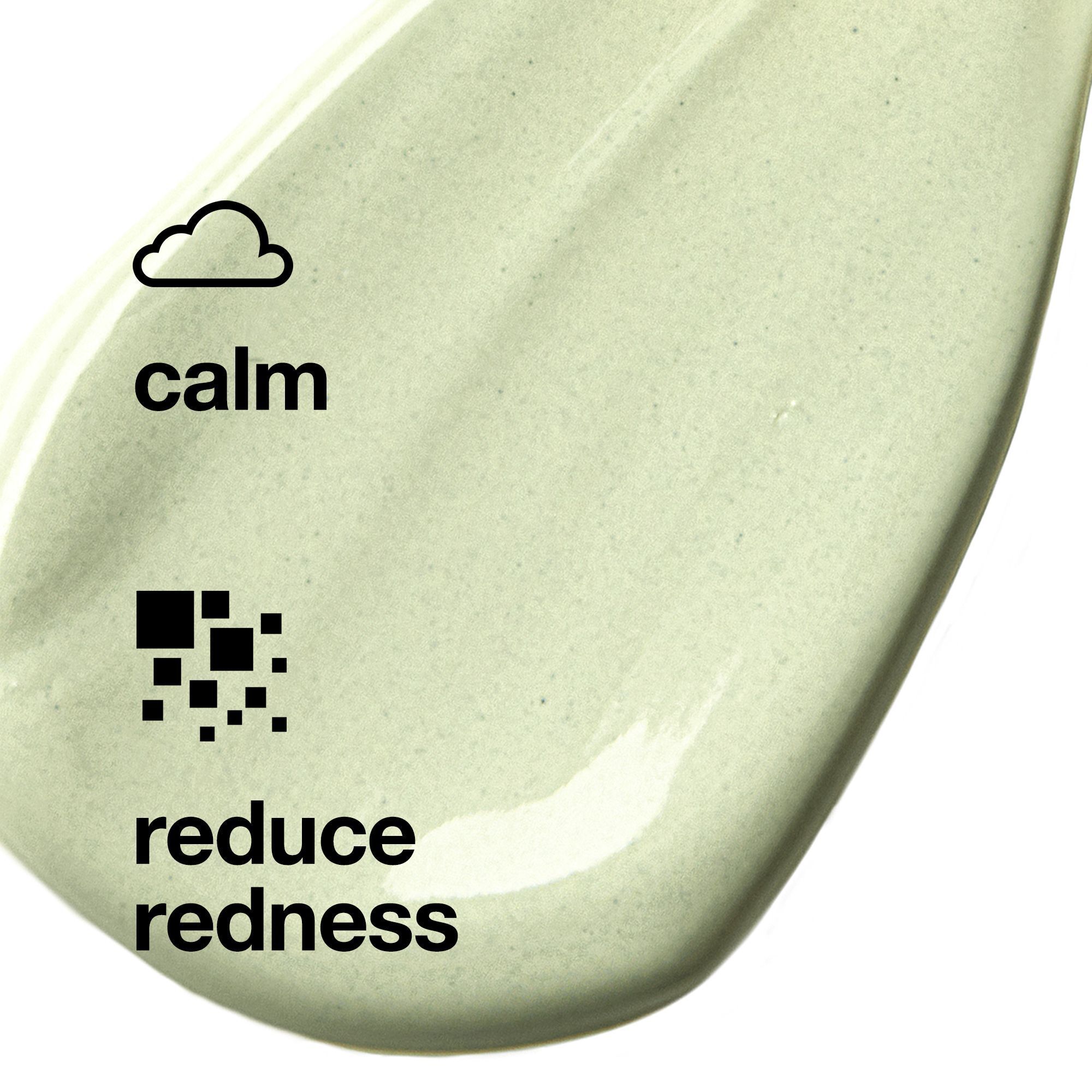 Gros plan d'une crème verte avec symboles: nuage pour 'calm' et carrés pour 'reduce redness'.