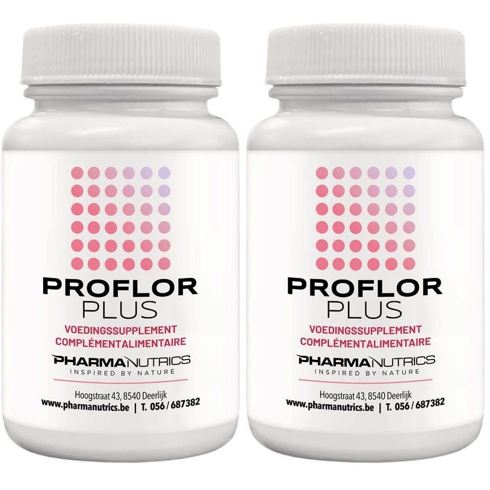 Deux flacons blancs avec des points roses et du texte noir. Inscription : PROFLOR PLUS, VOEDINGSSUPPLEMENT, PHARMANUTRICS.