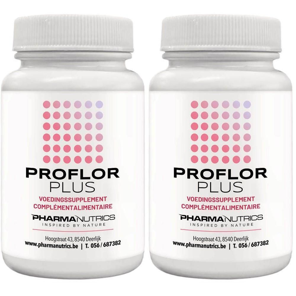 Deux flacons blancs avec des points roses et du texte noir. Inscription : PROFLOR PLUS, VOEDINGSSUPPLEMENT, PHARMANUTRICS.