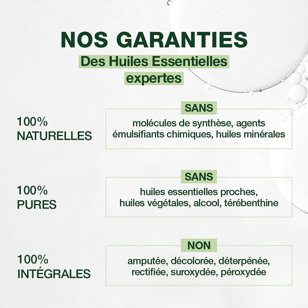 Texte sur fond vert. Inscription : Nos Garanties, 100% Naturelles, Pures, Intégrales. Pas de molécules synthétiques.