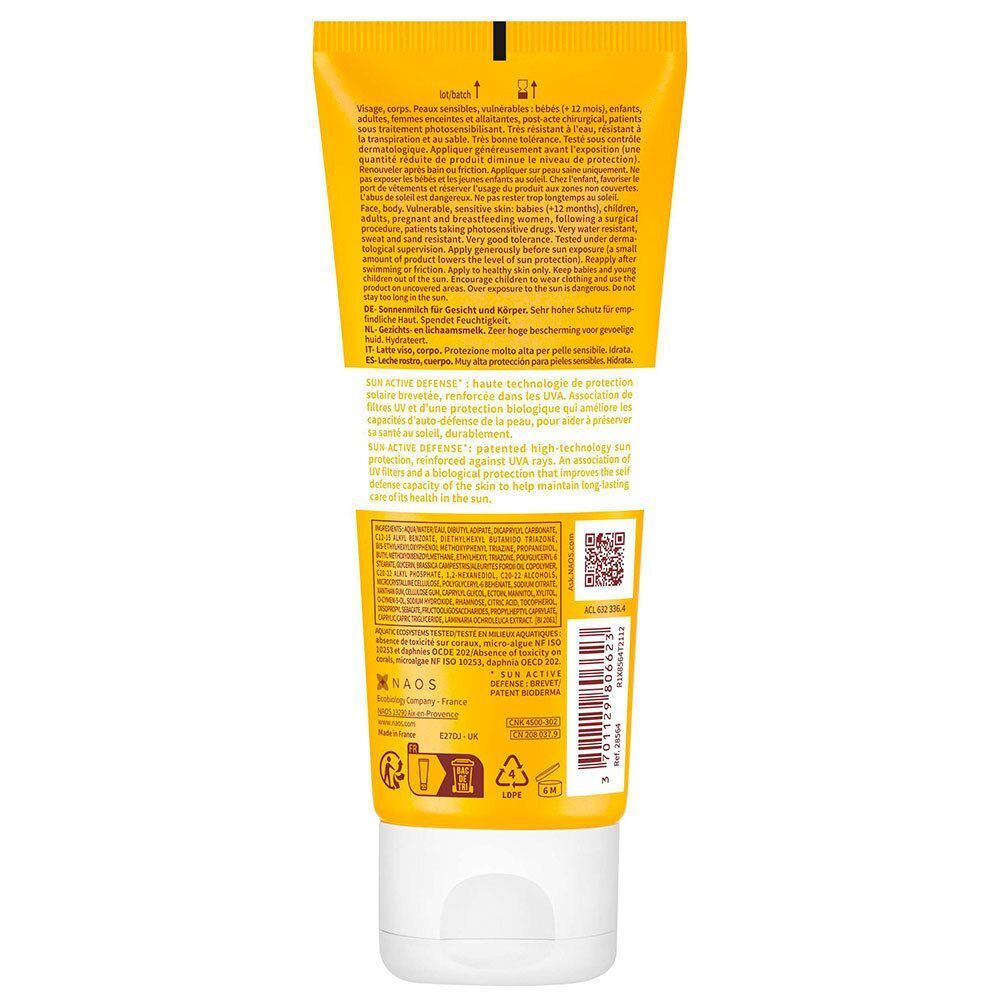 Dos d'un tube BIODERMA Photoderm Lait ULTRA. Tube jaune avec texte et symboles. Code QR et avertissements.