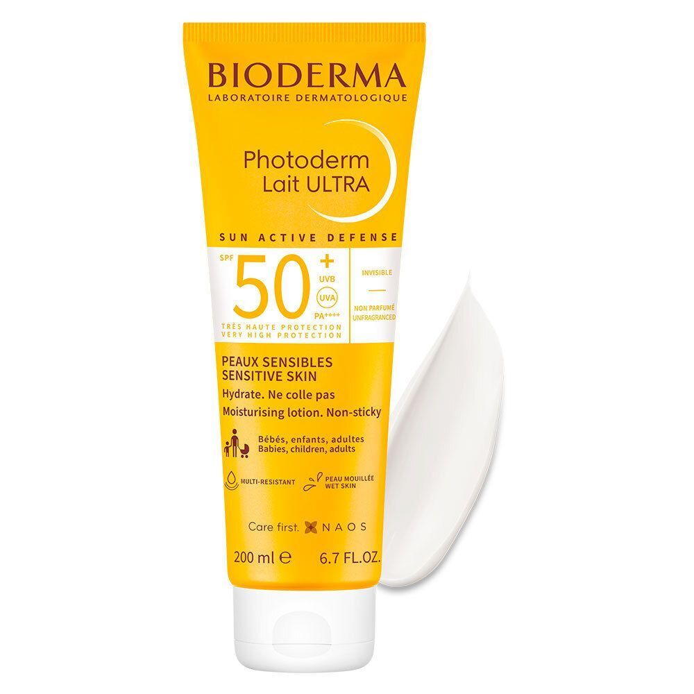 Tube BIODERMA Photoderm Lait ULTRA SPF50+ avec crème. Tube jaune avec crème blanche.