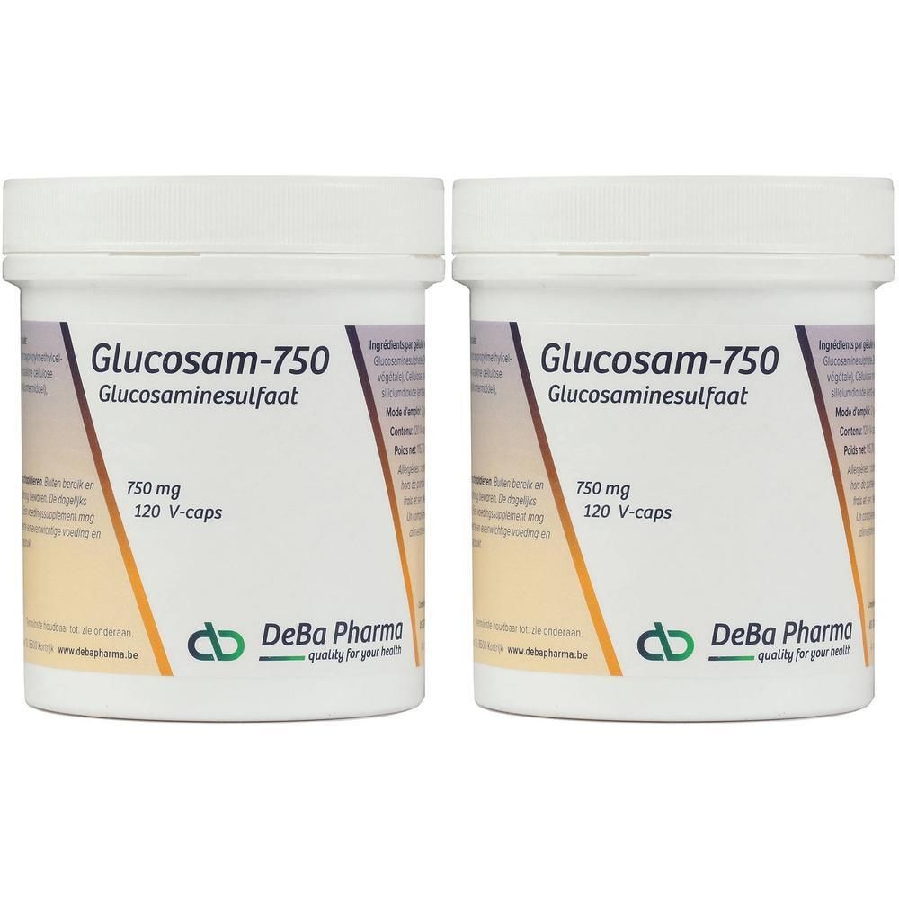 Deux pots blancs avec étiquettes. Inscription : Glucosam-750, 750 mg, 120 V-caps. Logo DeBa Pharma.