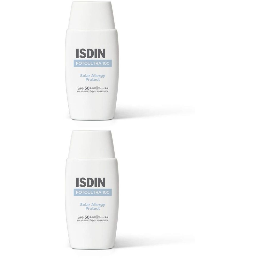 Deux flacons blancs avec logo ISDIN et nom du produit. Texte : FOTOUTRA 100, Solar Allergy Protect, SPF50+.