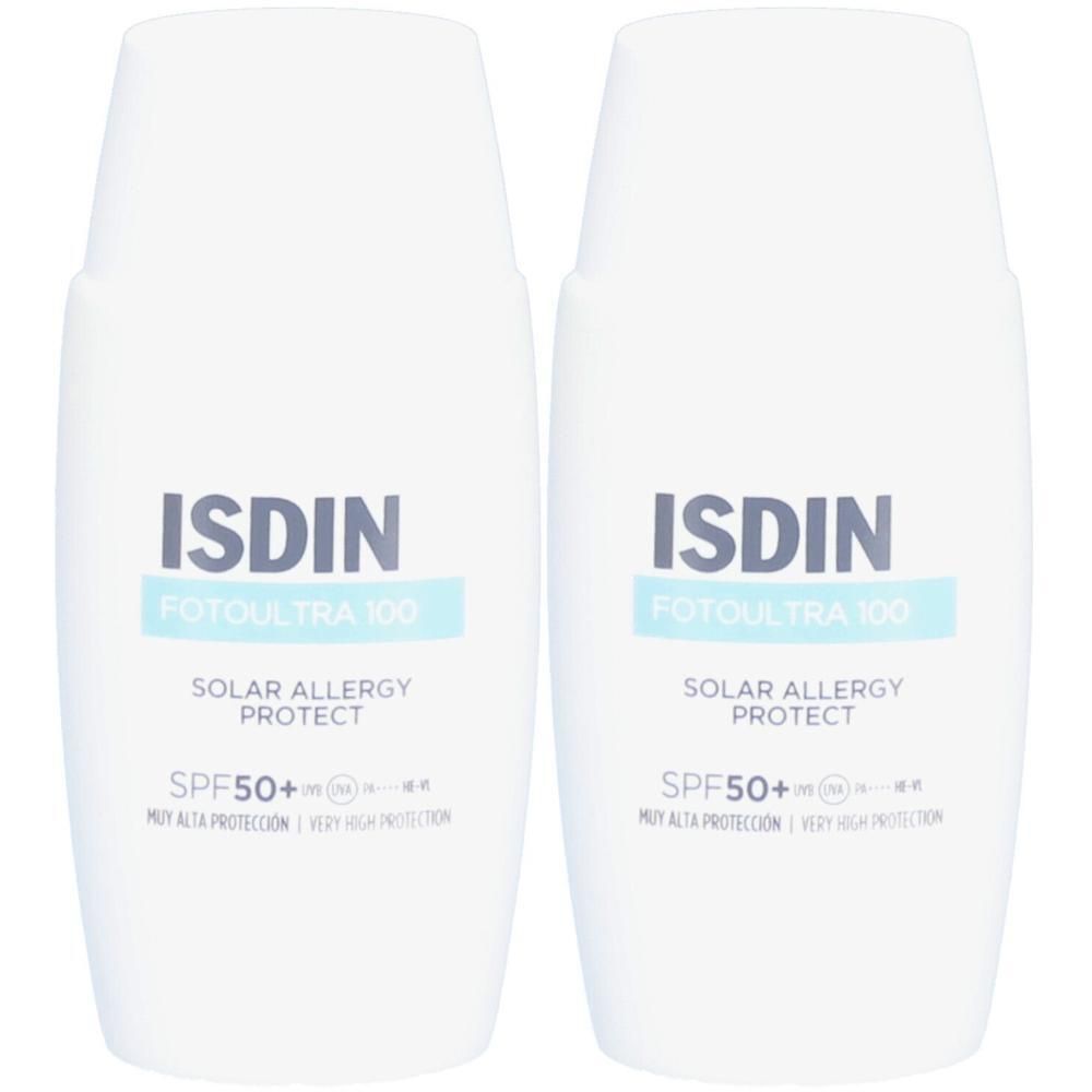 Deux flacons blancs avec logo ISDIN et nom du produit. Texte : FOTOUTRA 100, Solar Allergy Protect, SPF50+.