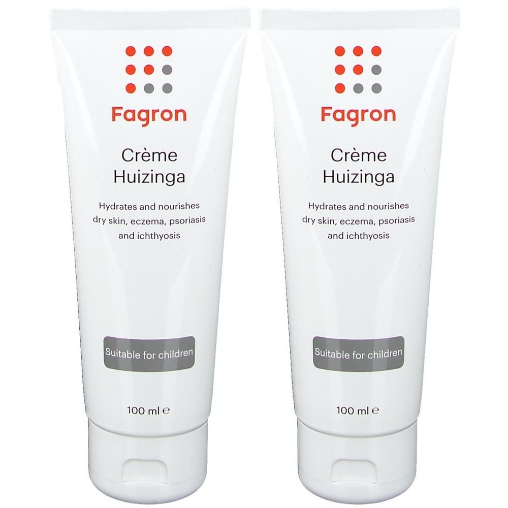 Deux tubes de Fagron Crème Huizinga. Tubes blancs avec logo rouge et gris. Texte: Hydrates and nourishes dry skin, eczema, psoriasis and ichthyosis.