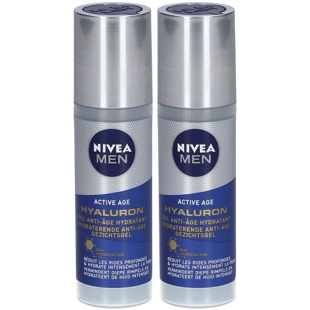 Deux flacons de gel NIVEA MEN Hyaluron Anti-Âge. Emballage bleu et argenté. Texte : Active Age, 24h Hydratation.