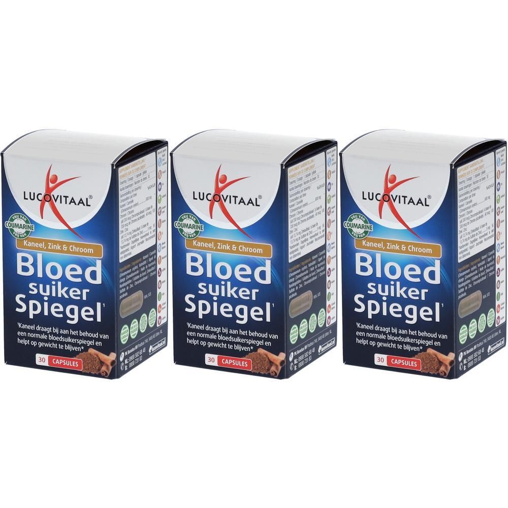 Trois boîtes de Lucovitaal® Glycémie. Emballage bleu et blanc avec nom et logo du produit. 30 gélules.