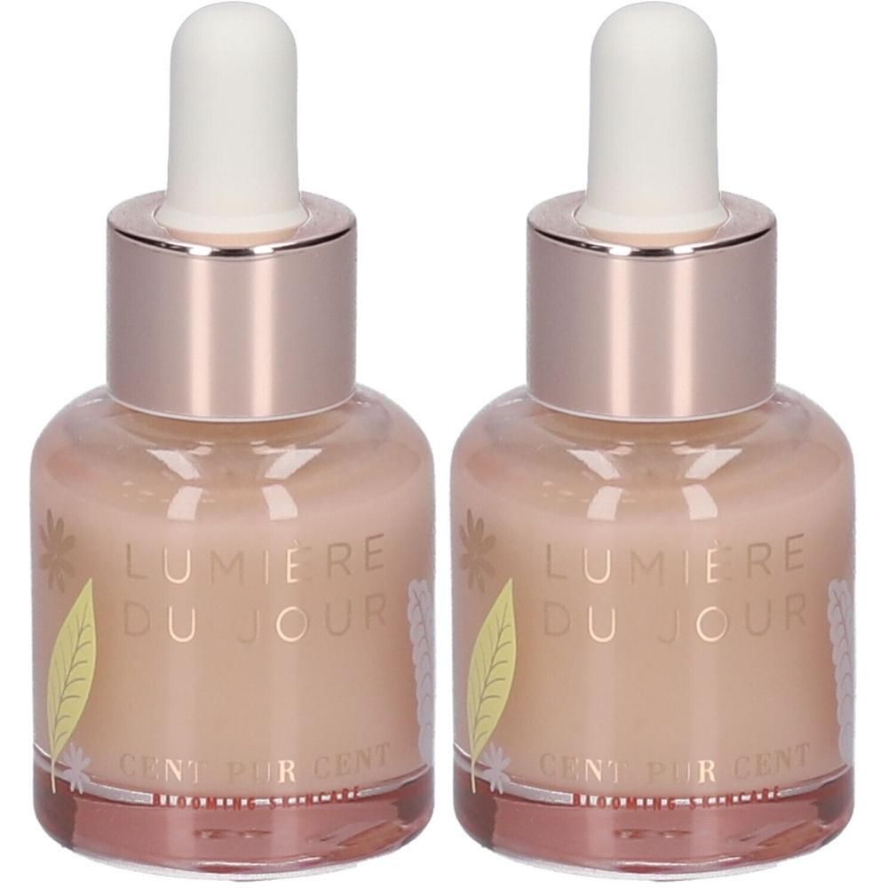 Deux flacons avec pipettes. Inscription: LUMIÈRE DU JOUR, CENT PUR CENT. Décor floral et feuilles.