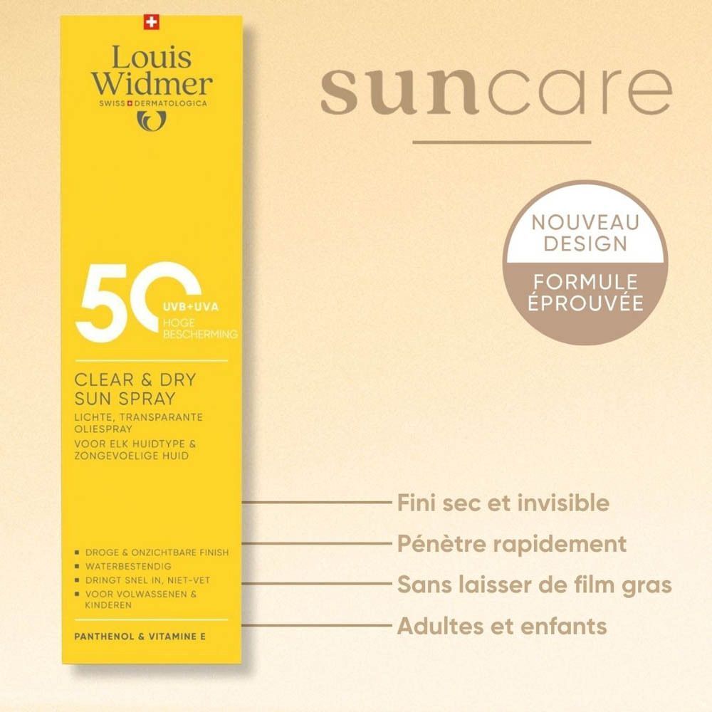 Louis Widmer Clear & Dry Sun Spray SPF50 : Panthénol et Vitamine E.