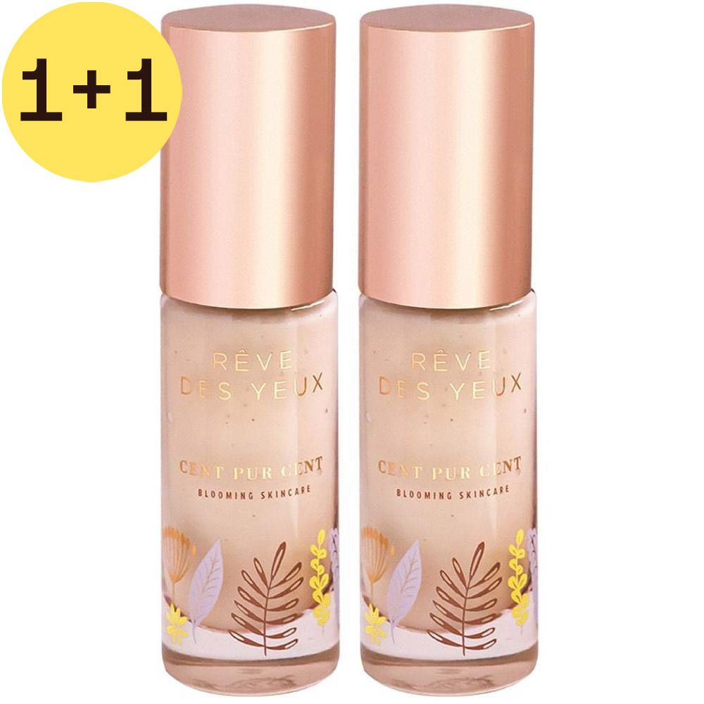 Deux flacons avec bouchons or rose. Inscription: Rêve des Yeux, CENT PUR CENT, Blooming Skincare. Motif floral.