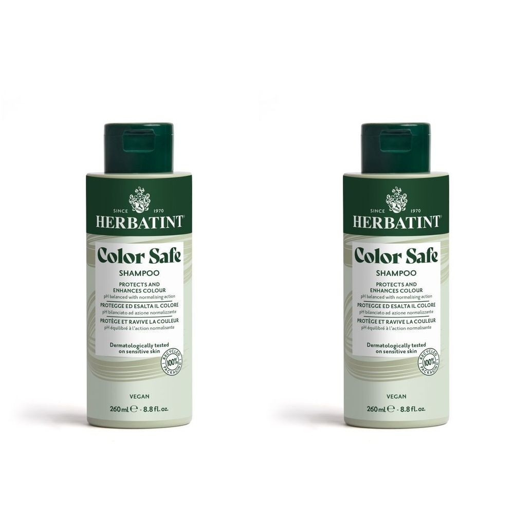 Deux flacons de shampooing Herbatint Color Safe. Étiquettes vert et blanc, bouchons verts. Label Vegan.