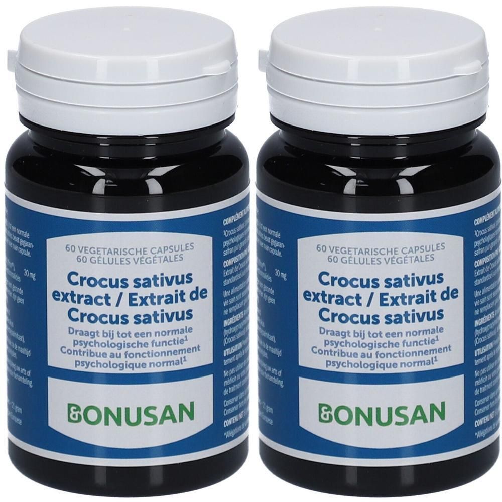 Deux flacons de Bonusan Extrait de Crocus Sativus. Étiquettes bleues, couvercles blancs. Gélules.