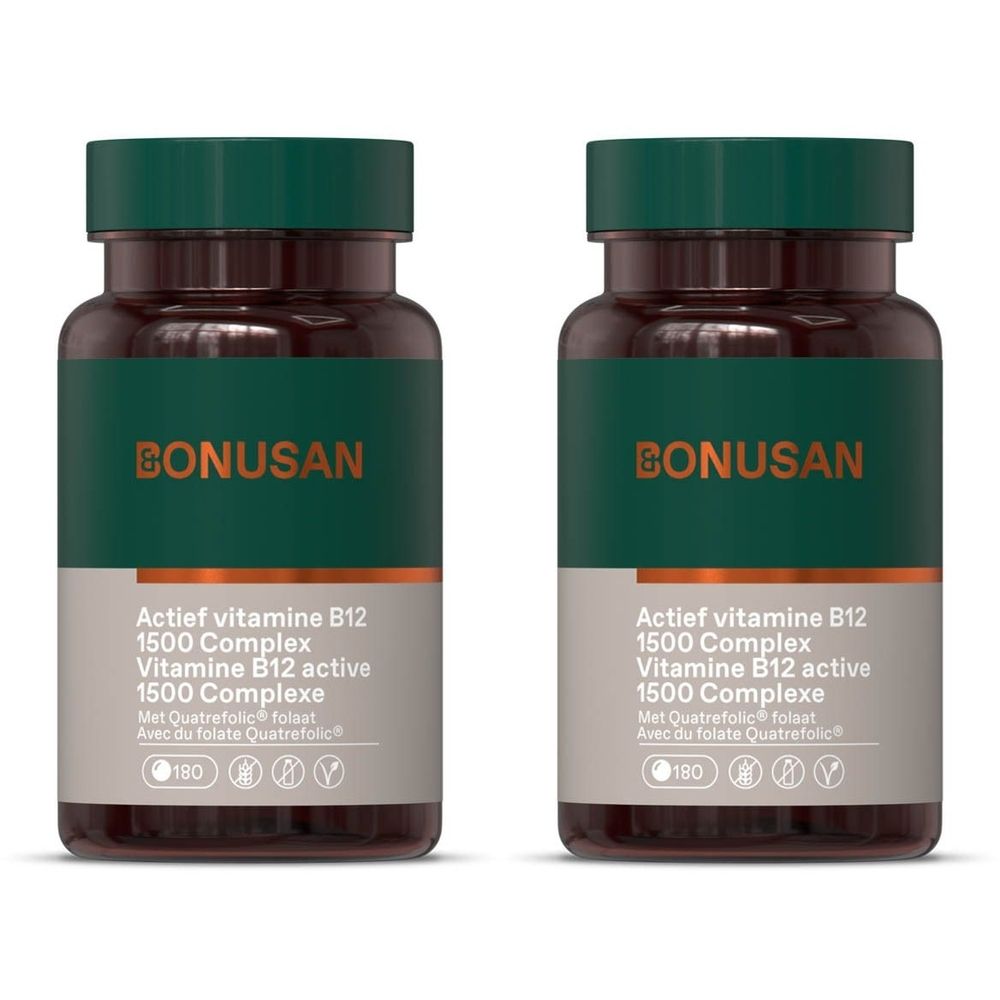 Deux flacons de BONUSAN Active vitamine B12 1500 mcg Complex. Étiquettes vertes. 180 comprimés.