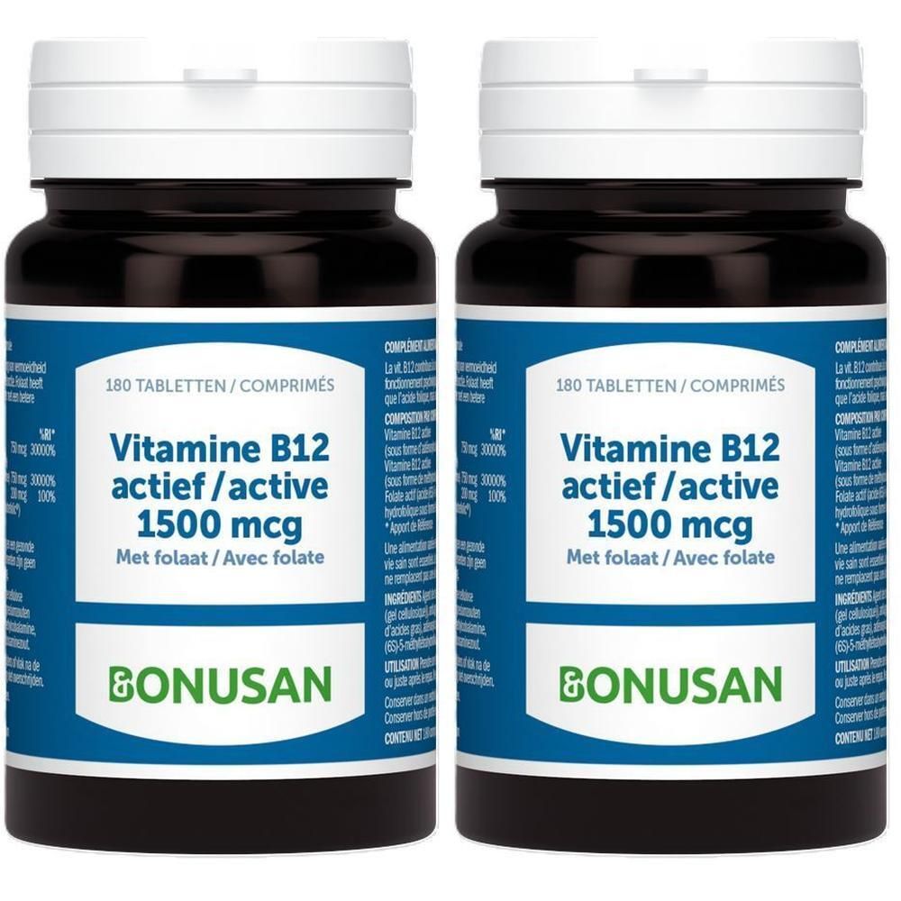 Deux flacons de BONUSAN Vitamine B12 Active 1500 mcg. Étiquettes bleues, texte blanc. 180 comprimés.