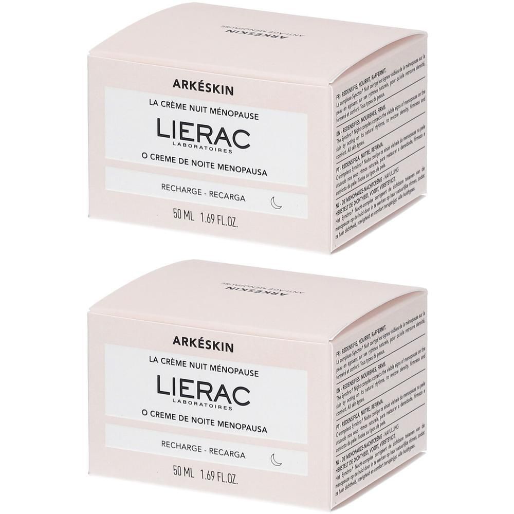 Deux boîtes roses. Inscription: Arkéskin La crème nuit ménopause, Lierac. 50 ml. Texte et symbole de lune.